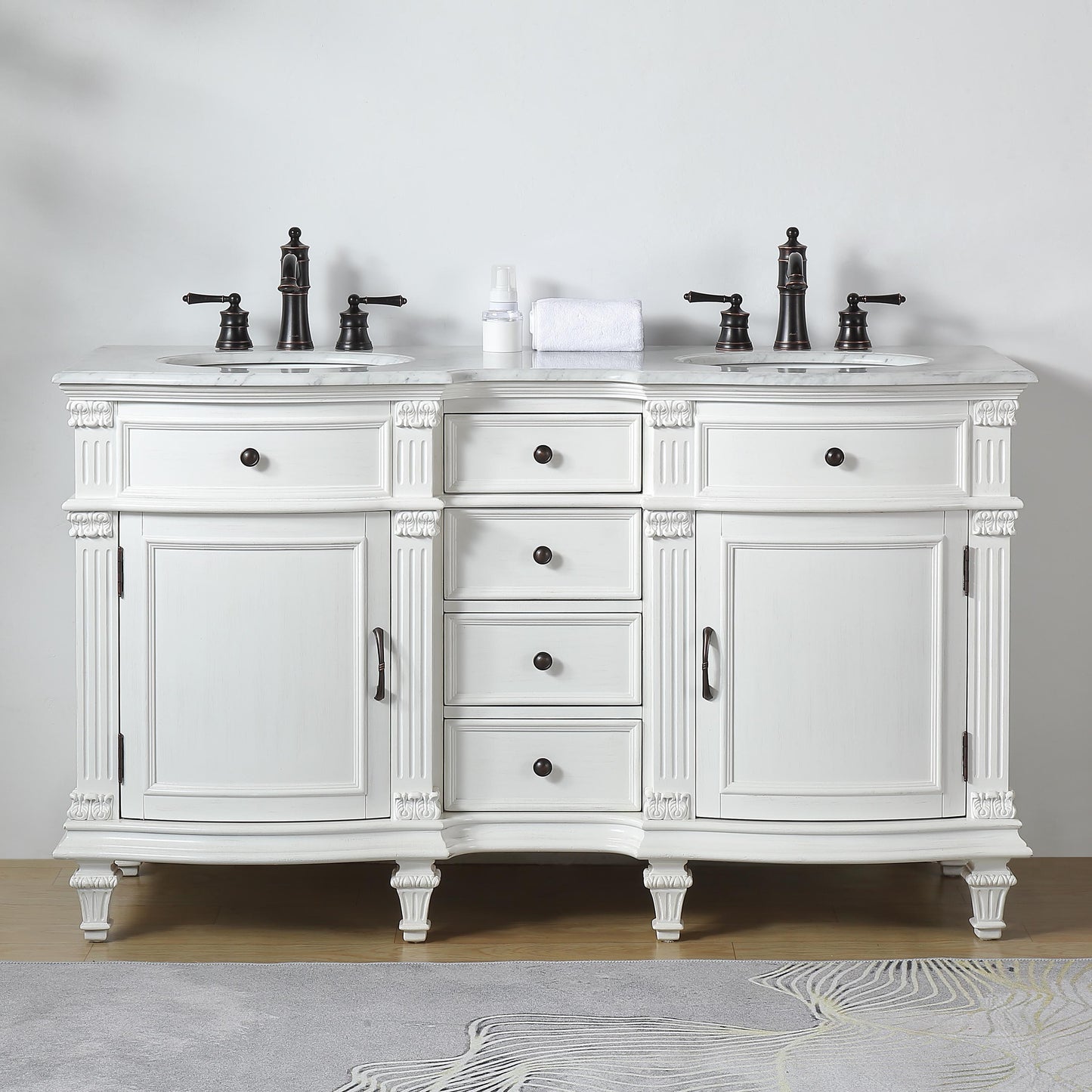 60" Double Sink White Cabinet - Carrara White Marble Top, Ceramic Sink (3-hole)