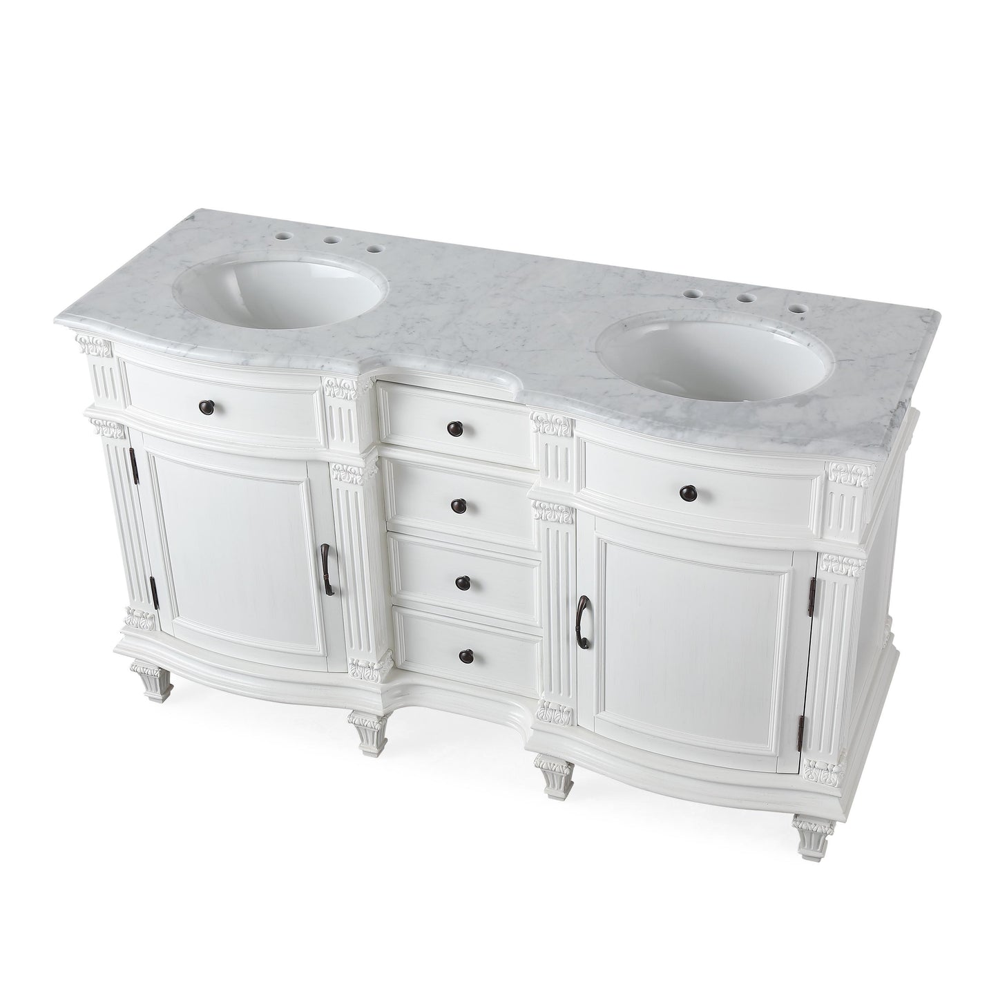 60" Double Sink White Cabinet - Carrara White Marble Top, Ceramic Sink (3-hole)