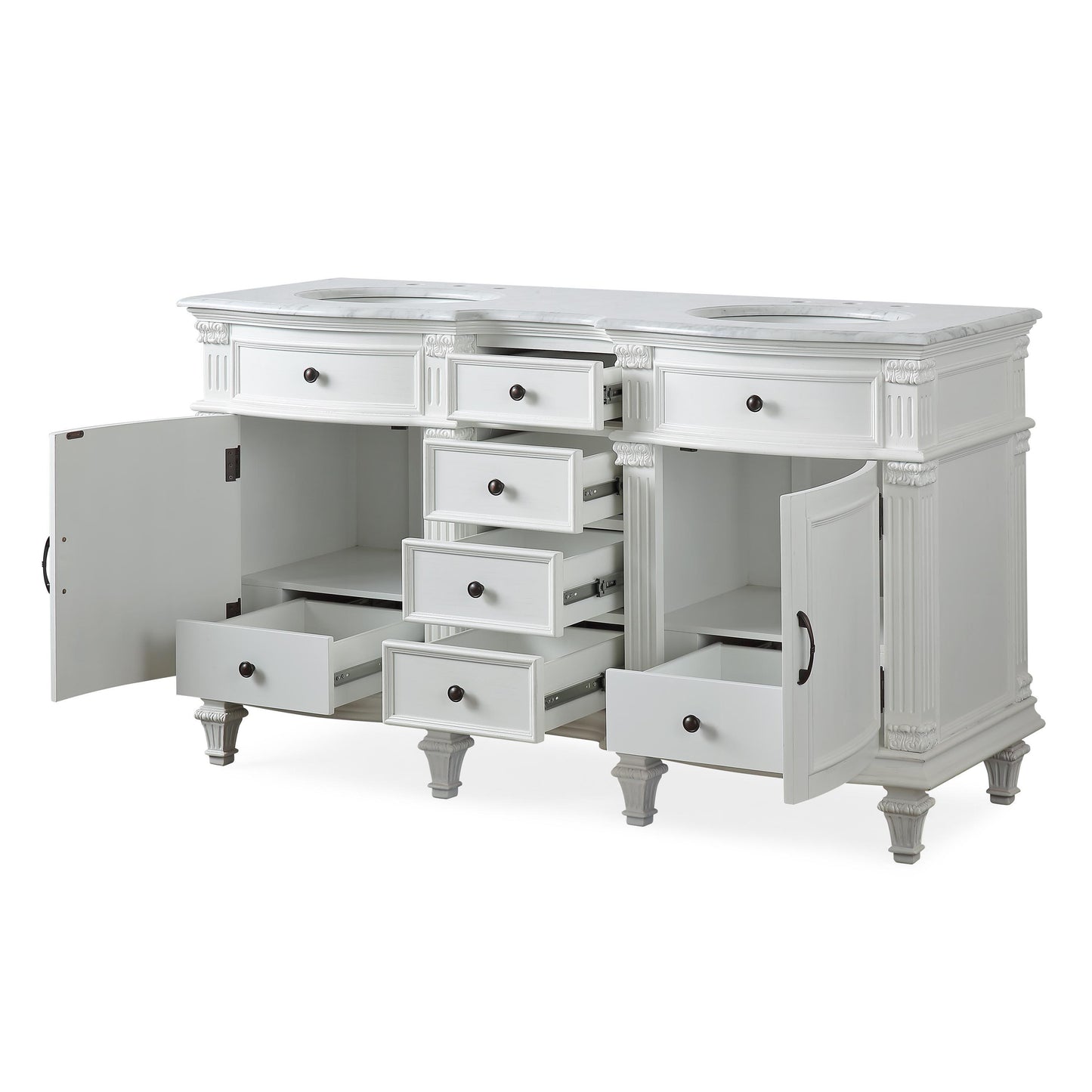 60" Double Sink White Cabinet - Carrara White Marble Top, Ceramic Sink (3-hole)