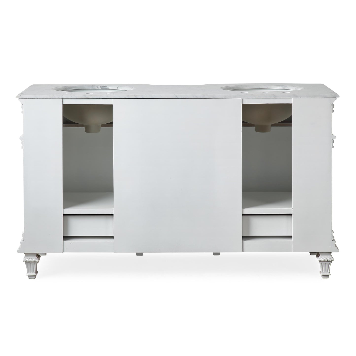 60" Double Sink White Cabinet - Carrara White Marble Top, Ceramic Sink (3-hole)