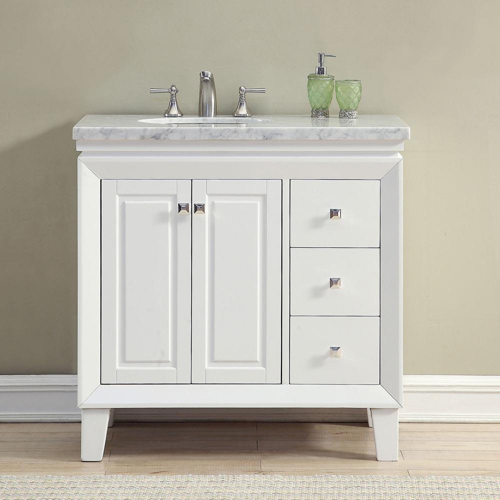 36" Single (Left) Sink Cabinet - Carrara White Marble Top, Under Mount, White Ceramic Sink (3 holes) - Soft Close