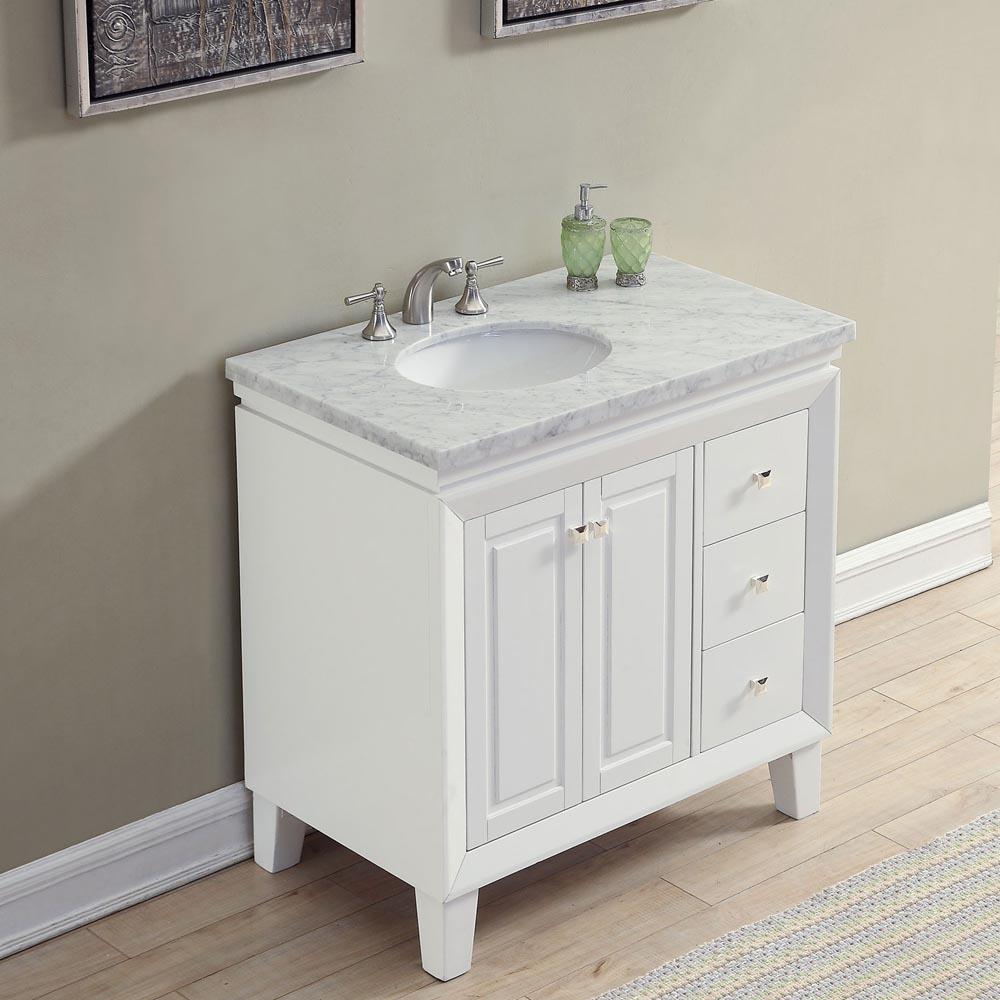36" Single (Left) Sink Cabinet - Carrara White Marble Top, Under Mount, White Ceramic Sink (3 holes) - Soft Close