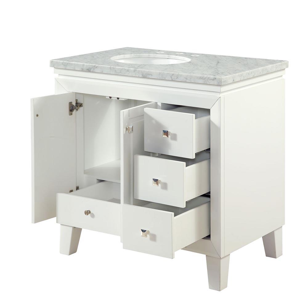36" Single (Left) Sink Cabinet - Carrara White Marble Top, Under Mount, White Ceramic Sink (3 holes) - Soft Close