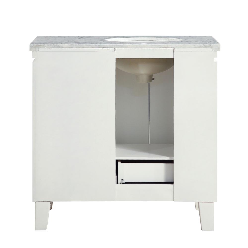 36" Single (Left) Sink Cabinet - Carrara White Marble Top, Under Mount, White Ceramic Sink (3 holes) - Soft Close