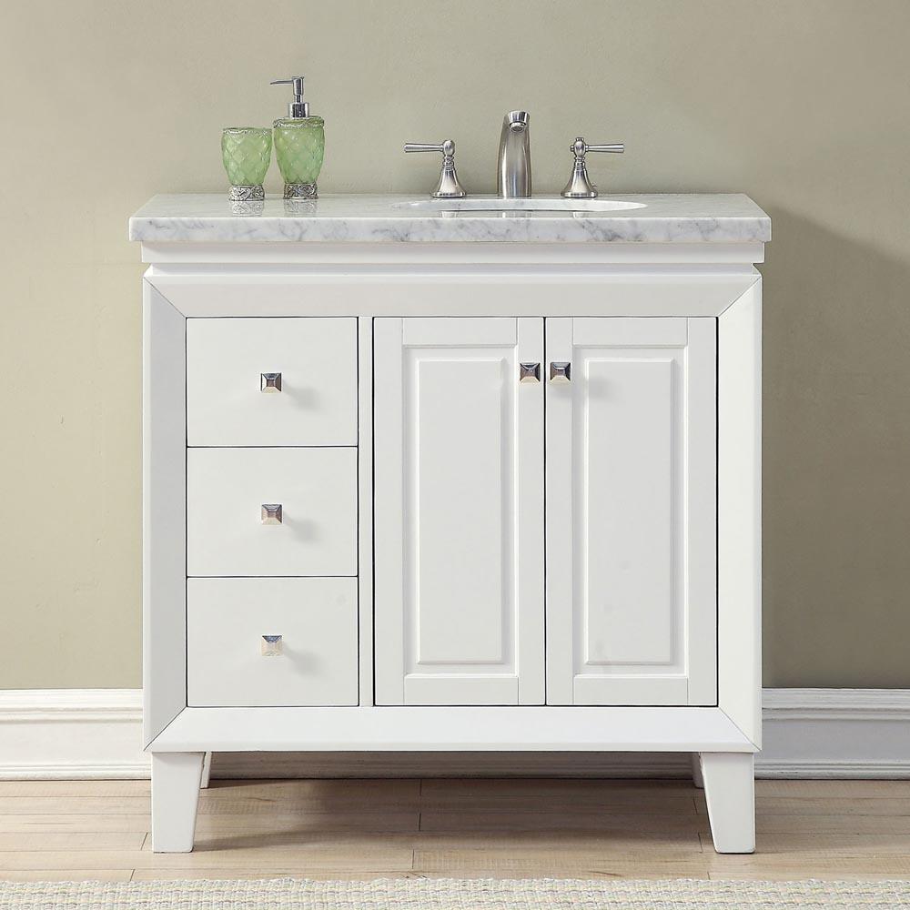 36" Single (Right) Sink Cabinet - Carrara White Marble Top, Under Mount, White Ceramic Sink (3 holes) - Soft Close