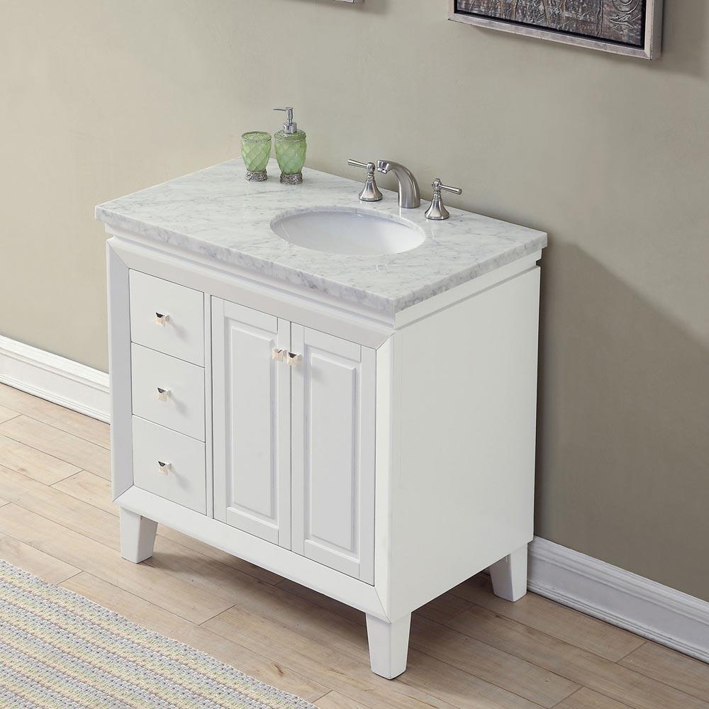 36" Single (Right) Sink Cabinet - Carrara White Marble Top, Under Mount, White Ceramic Sink (3 holes) - Soft Close