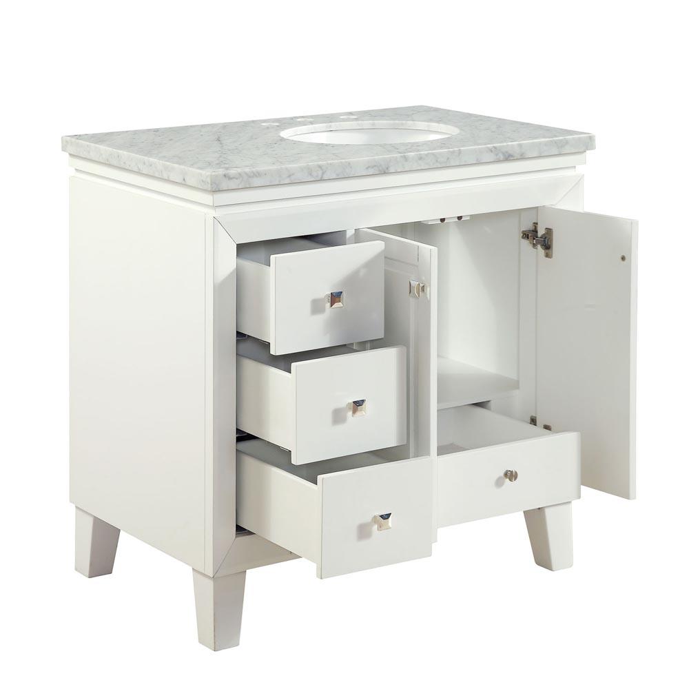 36" Single (Right) Sink Cabinet - Carrara White Marble Top, Under Mount, White Ceramic Sink (3 holes) - Soft Close