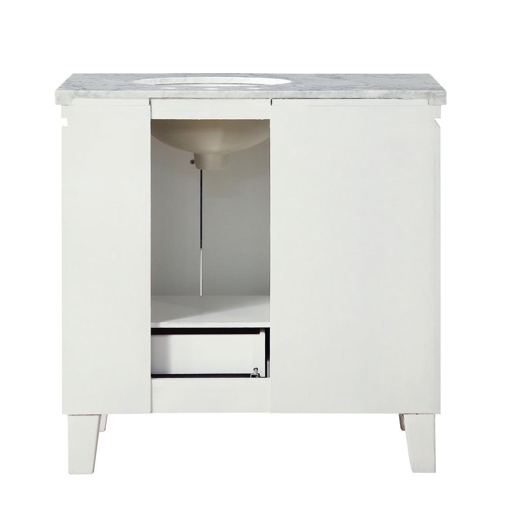 36" Single (Right) Sink Cabinet - Carrara White Marble Top, Under Mount, White Ceramic Sink (3 holes) - Soft Close
