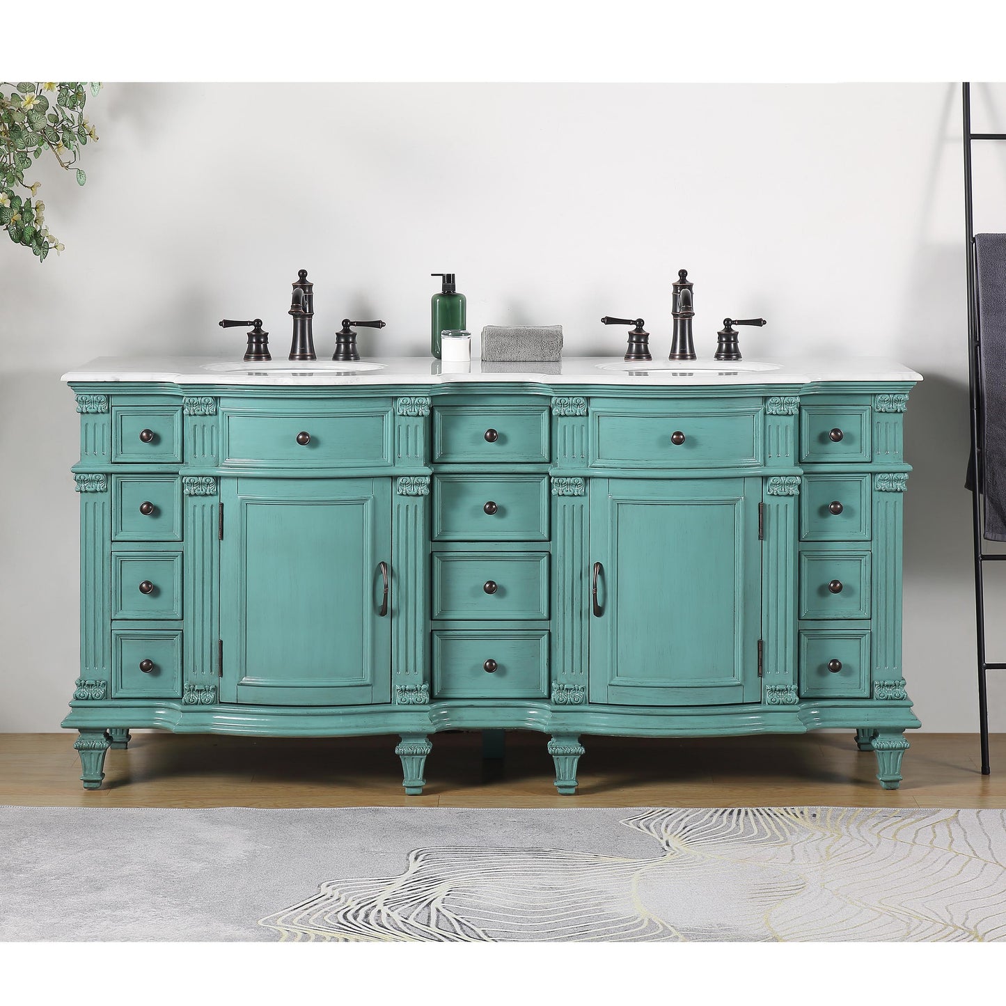 72" Double Sink Green Cabinet - Carrara White Marble Top, Ceramic Sink (3-hole)