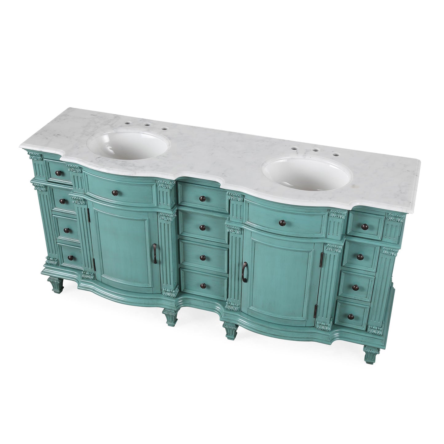 72" Double Sink Green Cabinet - Carrara White Marble Top, Ceramic Sink (3-hole)