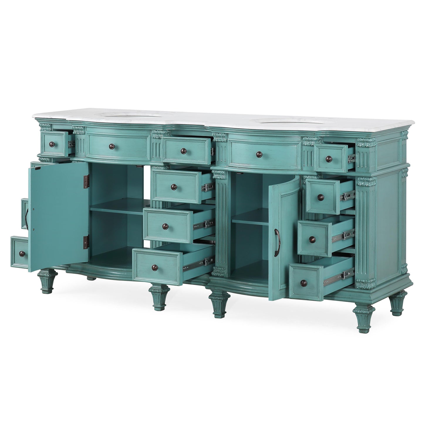 72" Double Sink Green Cabinet - Carrara White Marble Top, Ceramic Sink (3-hole)