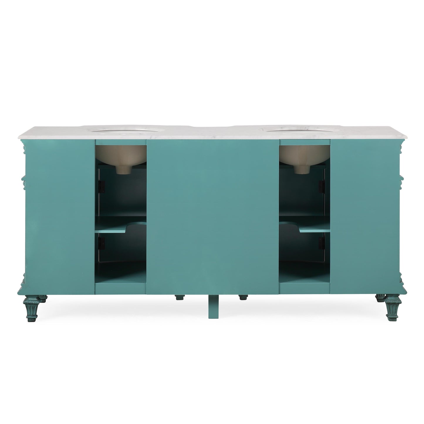72" Double Sink Green Cabinet - Carrara White Marble Top, Ceramic Sink (3-hole)
