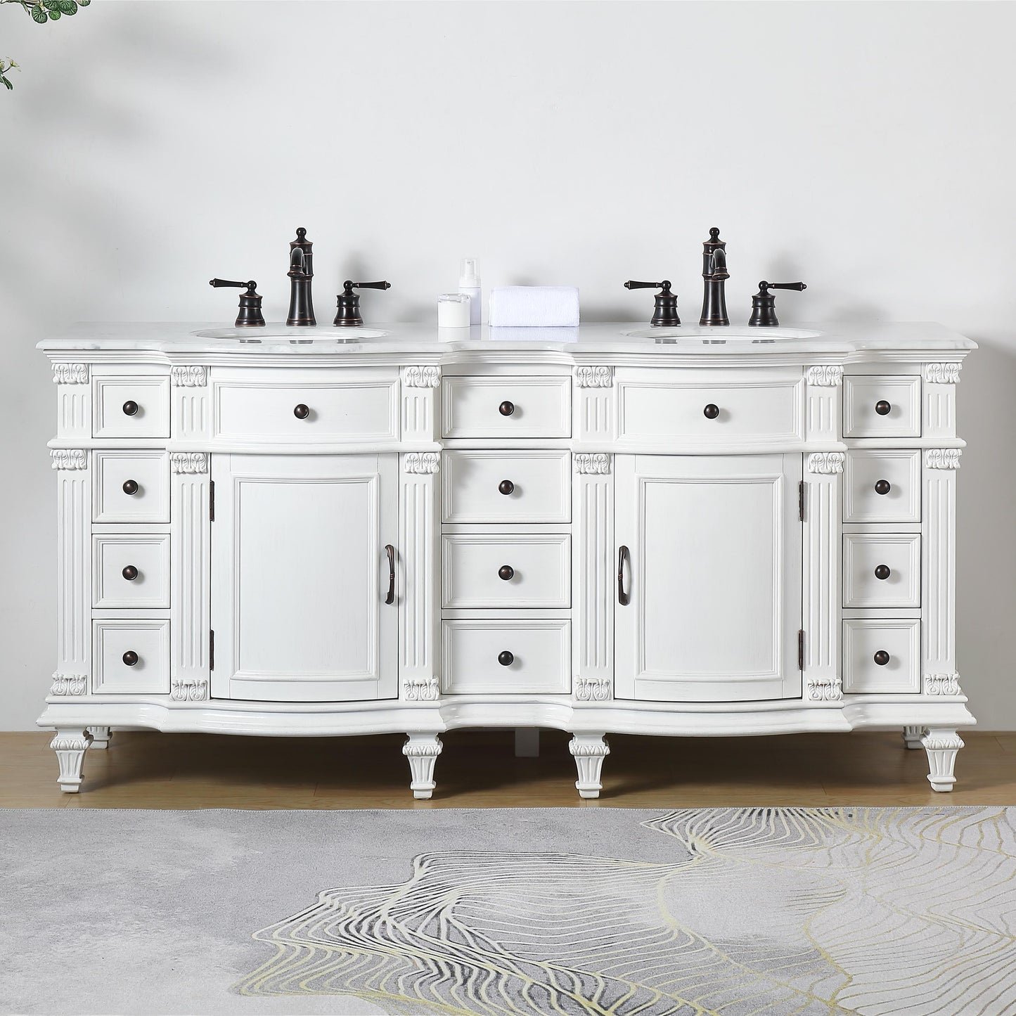 72" Double Sink White Cabinet - Carrara White Marble Top, Ceramic Sink (3-hole)