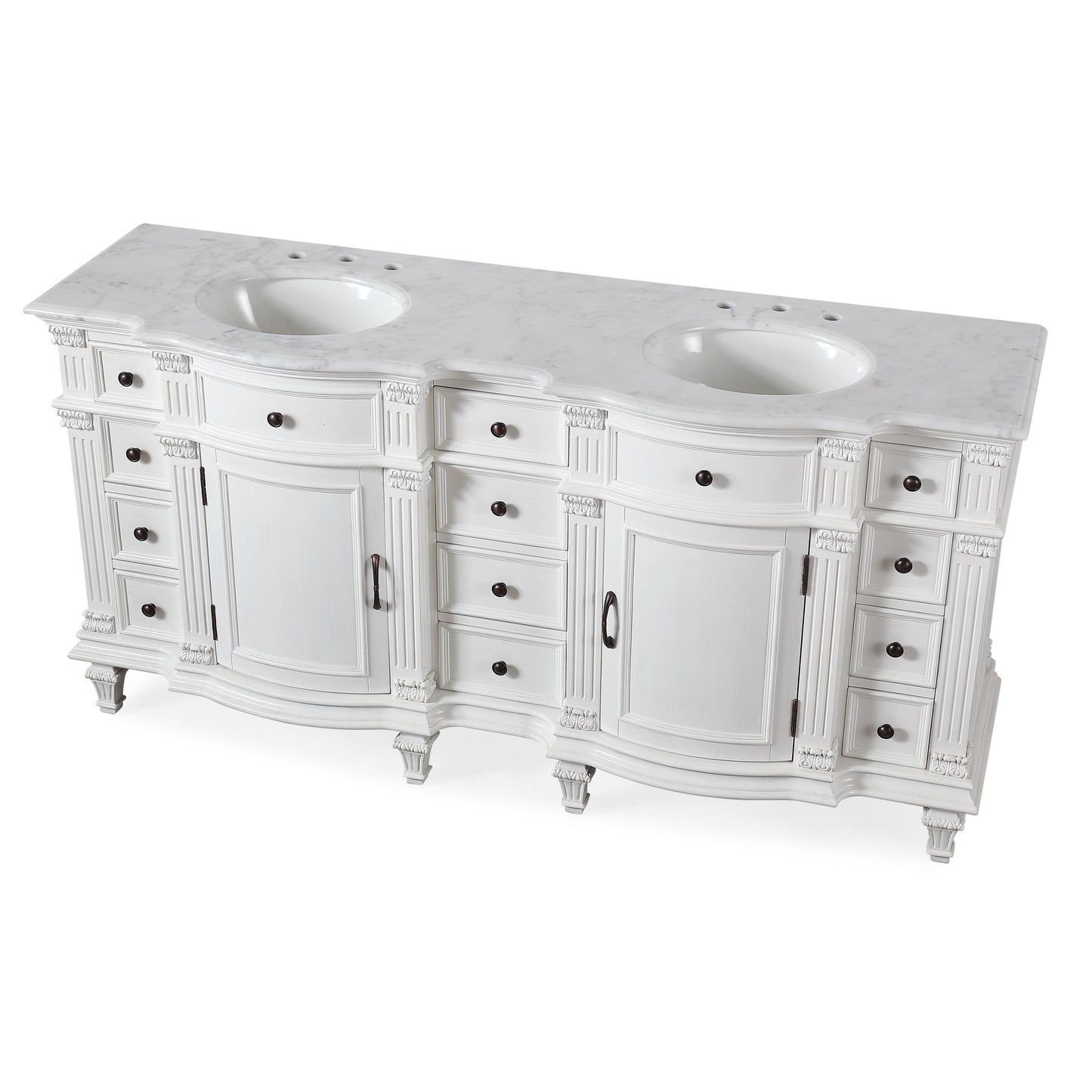 72" Double Sink White Cabinet - Carrara White Marble Top, Ceramic Sink (3-hole)