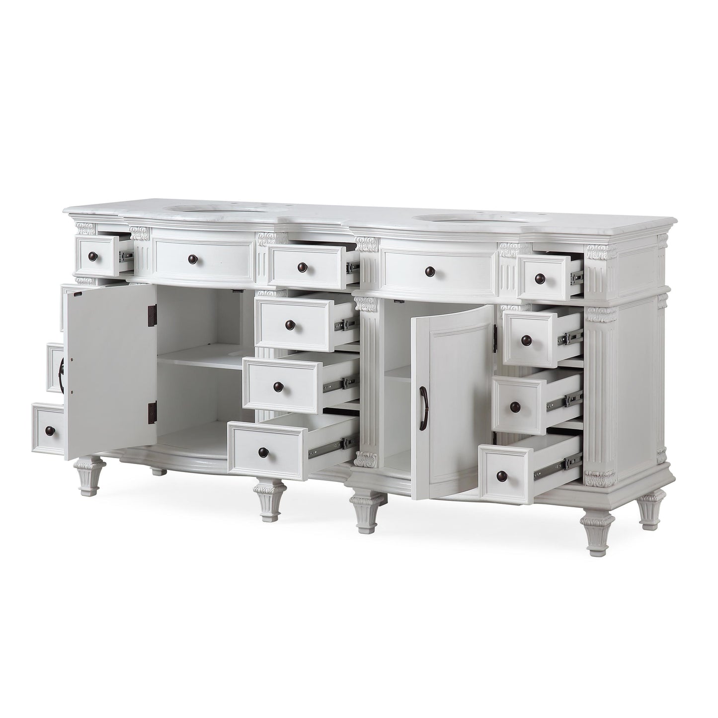 72" Double Sink White Cabinet - Carrara White Marble Top, Ceramic Sink (3-hole)