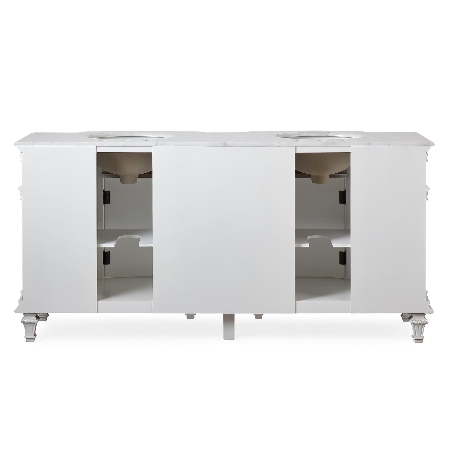 72" Double Sink White Cabinet - Carrara White Marble Top, Ceramic Sink (3-hole)