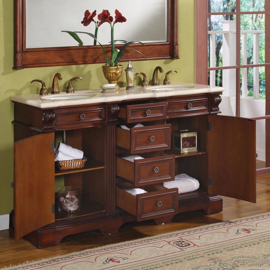 58" Double Sink Cabinet - Cream Marfil Marble Top, Under Mount, White Ceramic Sinks (3 holes)