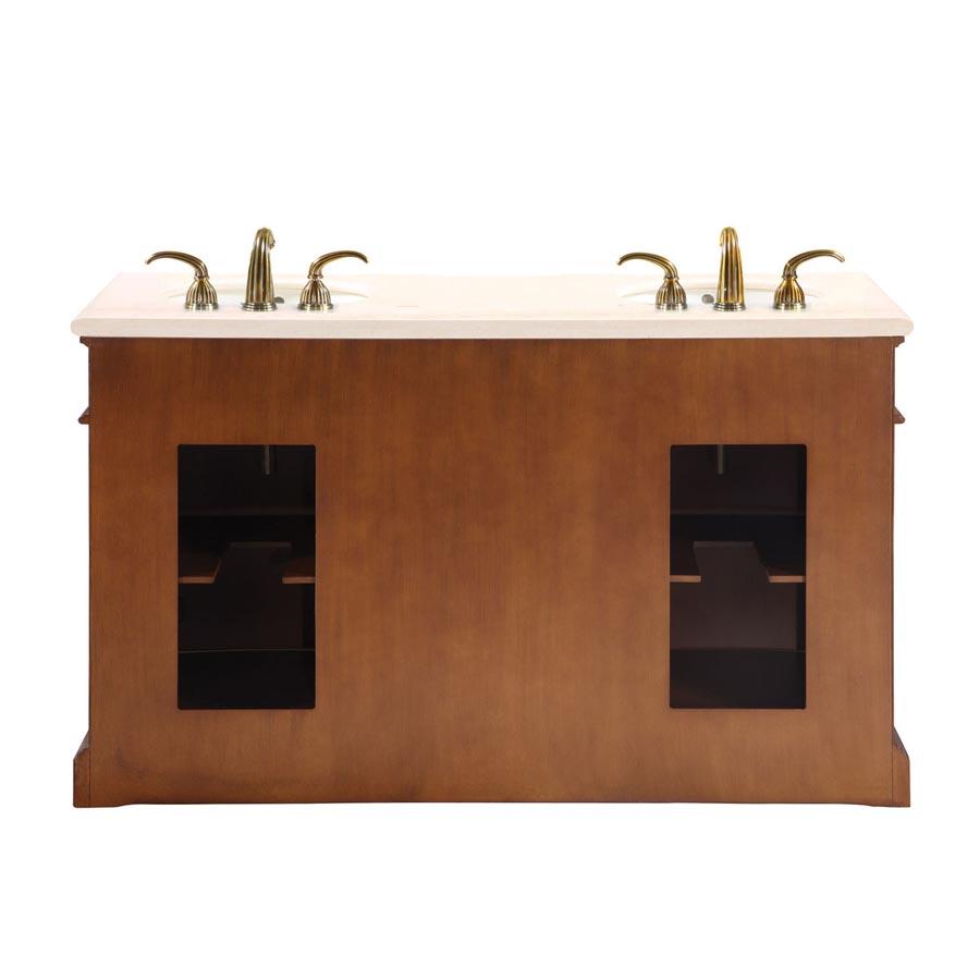 58" Double Sink Cabinet - Cream Marfil Marble Top, Under Mount, White Ceramic Sinks (3 holes)