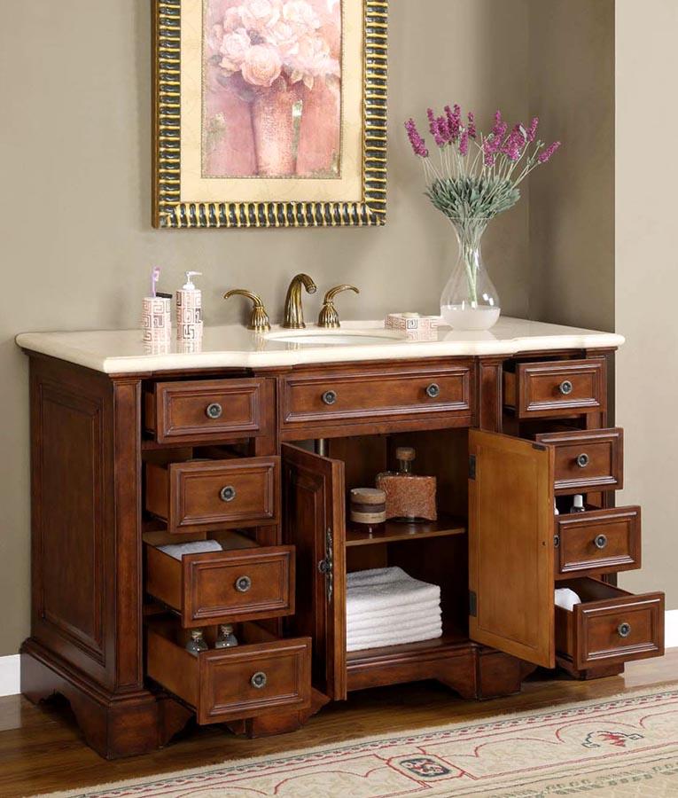 58" Single Sink Cabinet - Cream Marfil Marble Top, Under Mount, White Ceramic Sinks (3 holes)