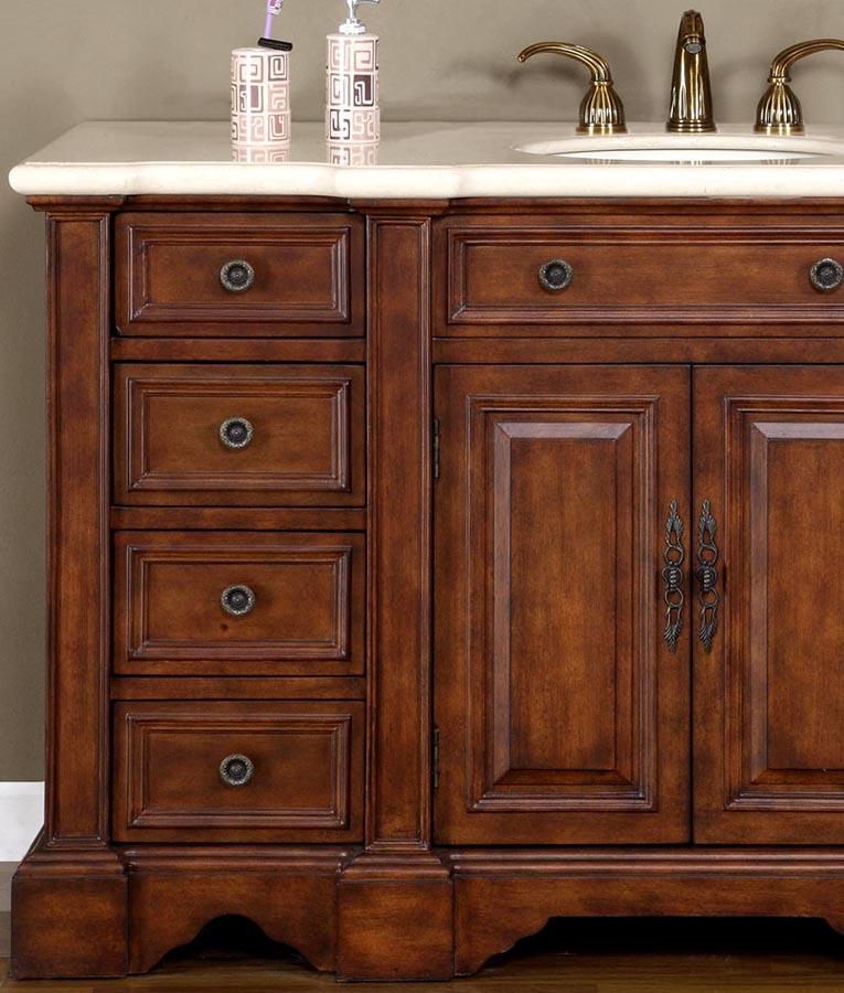 58" Single Sink Cabinet - Cream Marfil Marble Top, Under Mount, White Ceramic Sinks (3 holes)