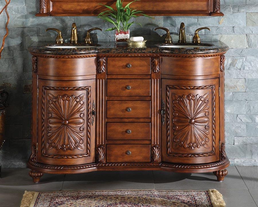54" Double Sink Cabinet - Baltic Brown Top, Undermount White Ceramic Sinks (3-hole)