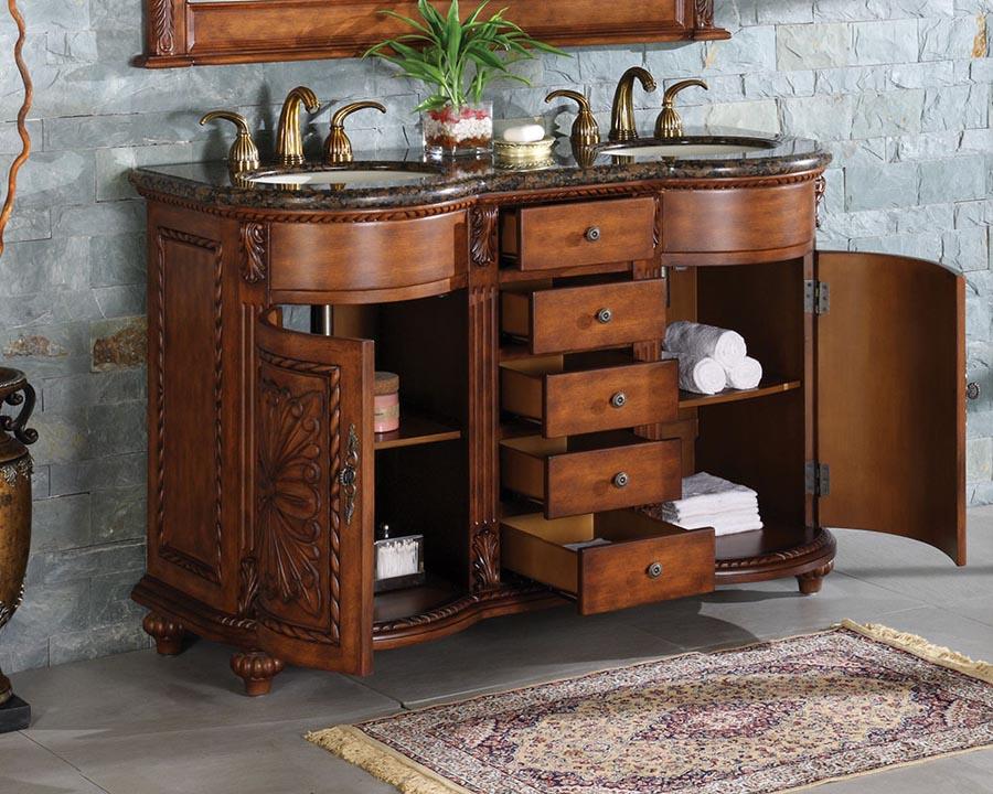 54" Double Sink Cabinet - Baltic Brown Top, Undermount White Ceramic Sinks (3-hole)
