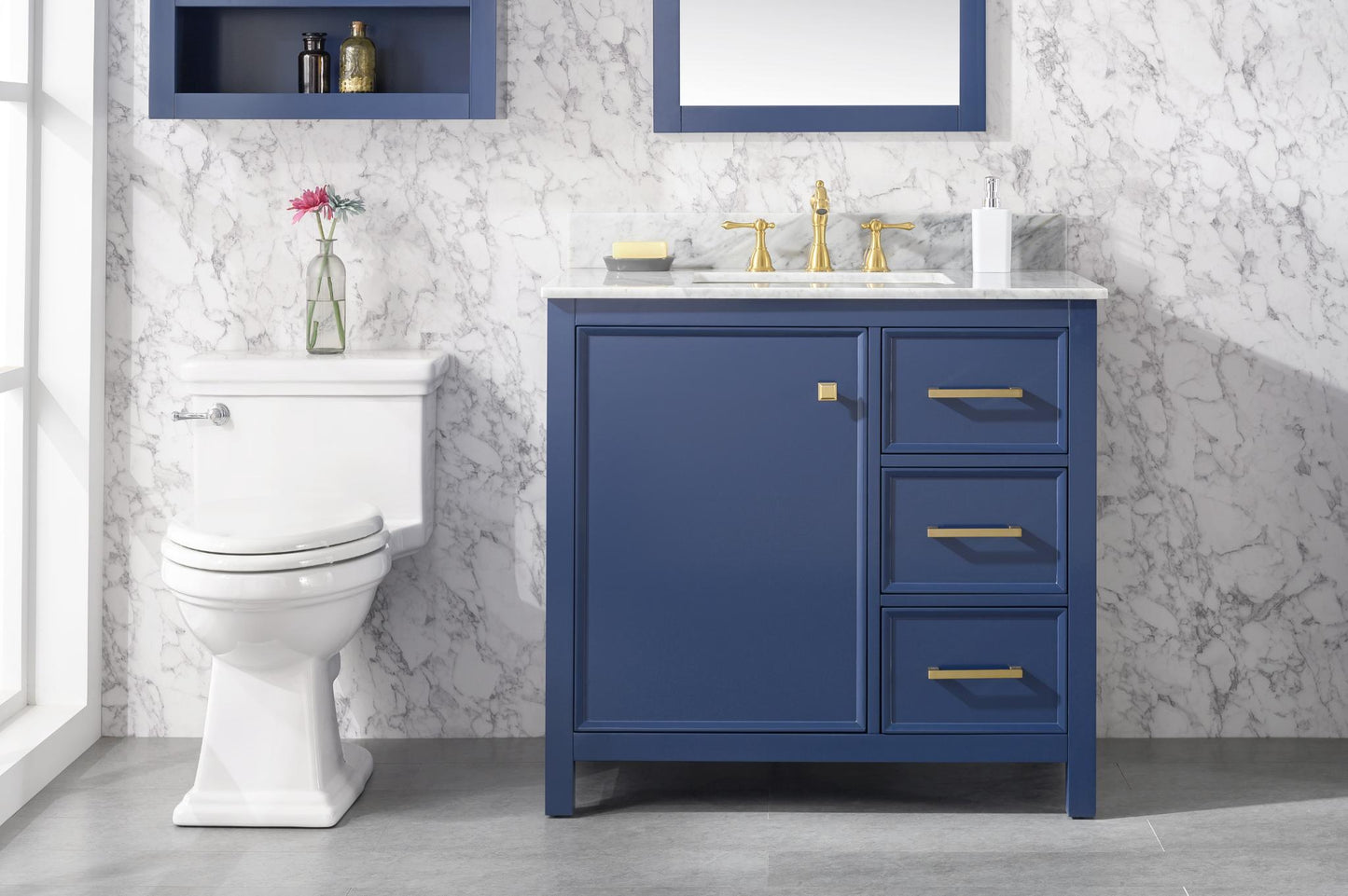 36" BLUE FINISH SINK VANITY CABINET WITH CARRARA WHITE TOP