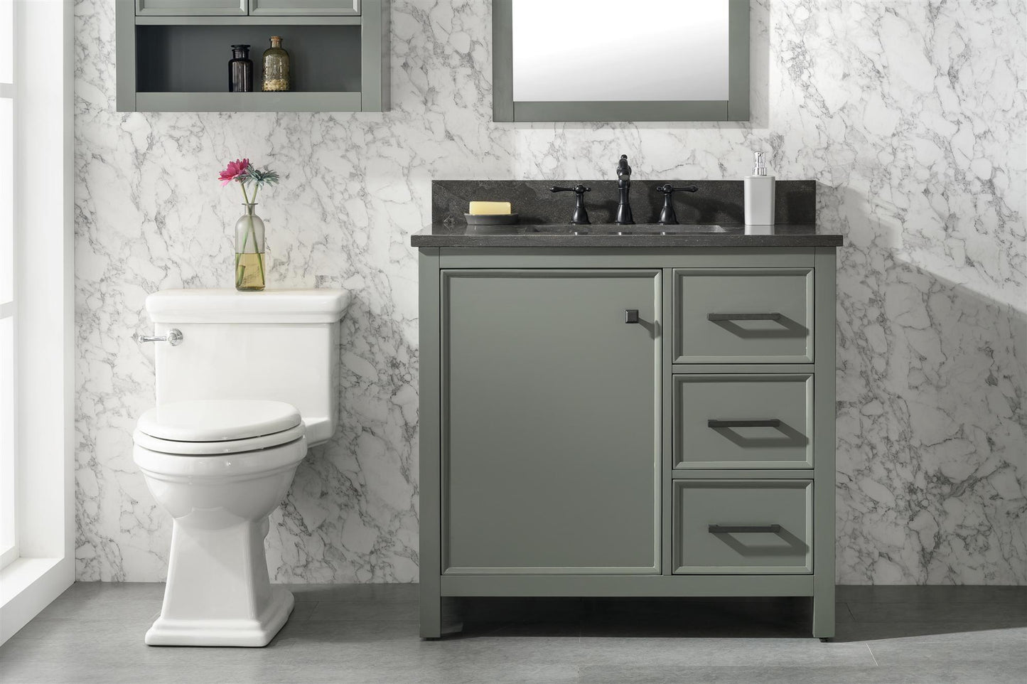 36" PEWTER GREEN FINISH SINK VANITY CABINET WITH BLUE LIME STONE TOP