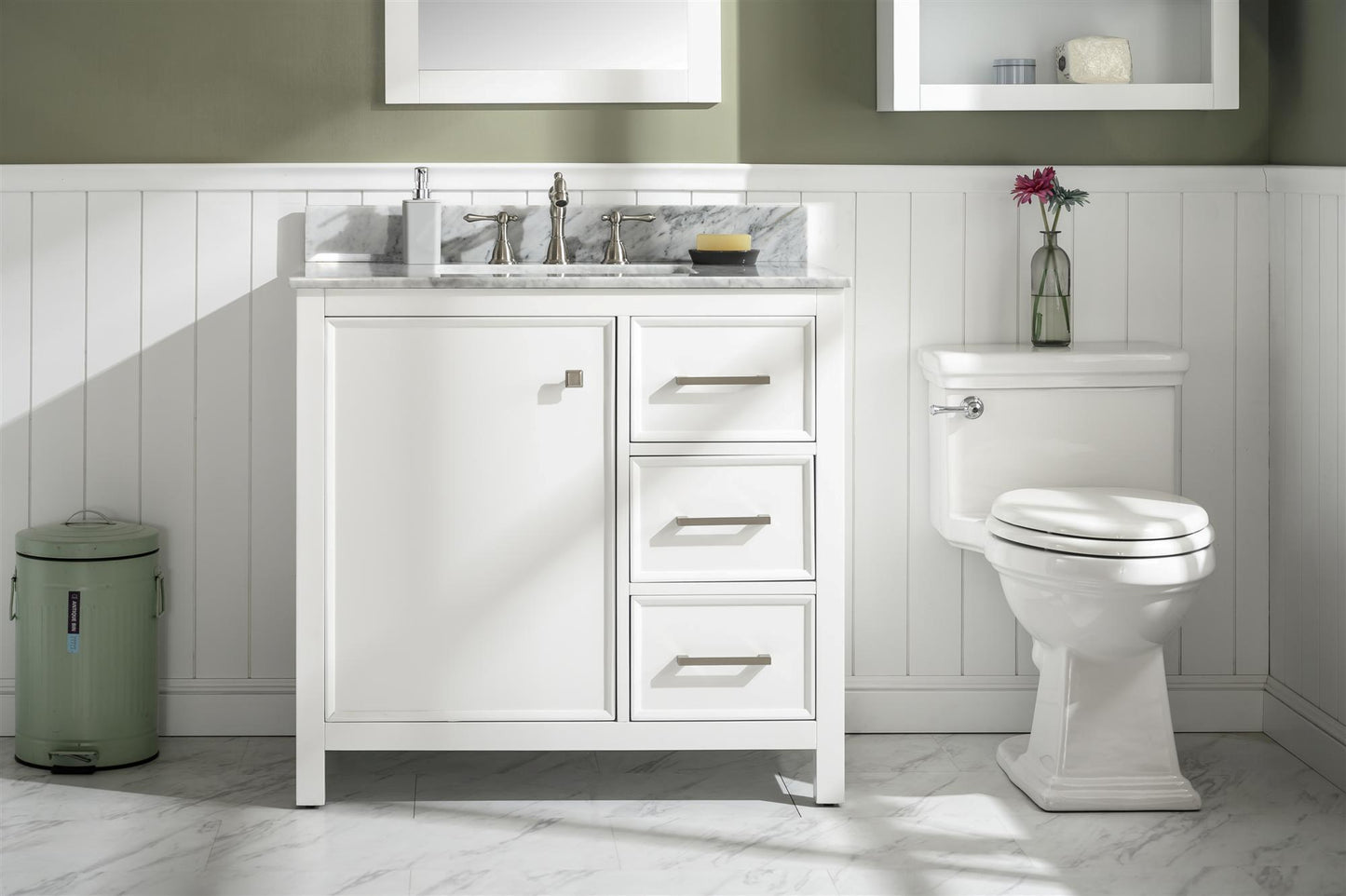 36" WHITE FINISH SINK VANITY CABINET WITH CARRARA WHITE TOP
