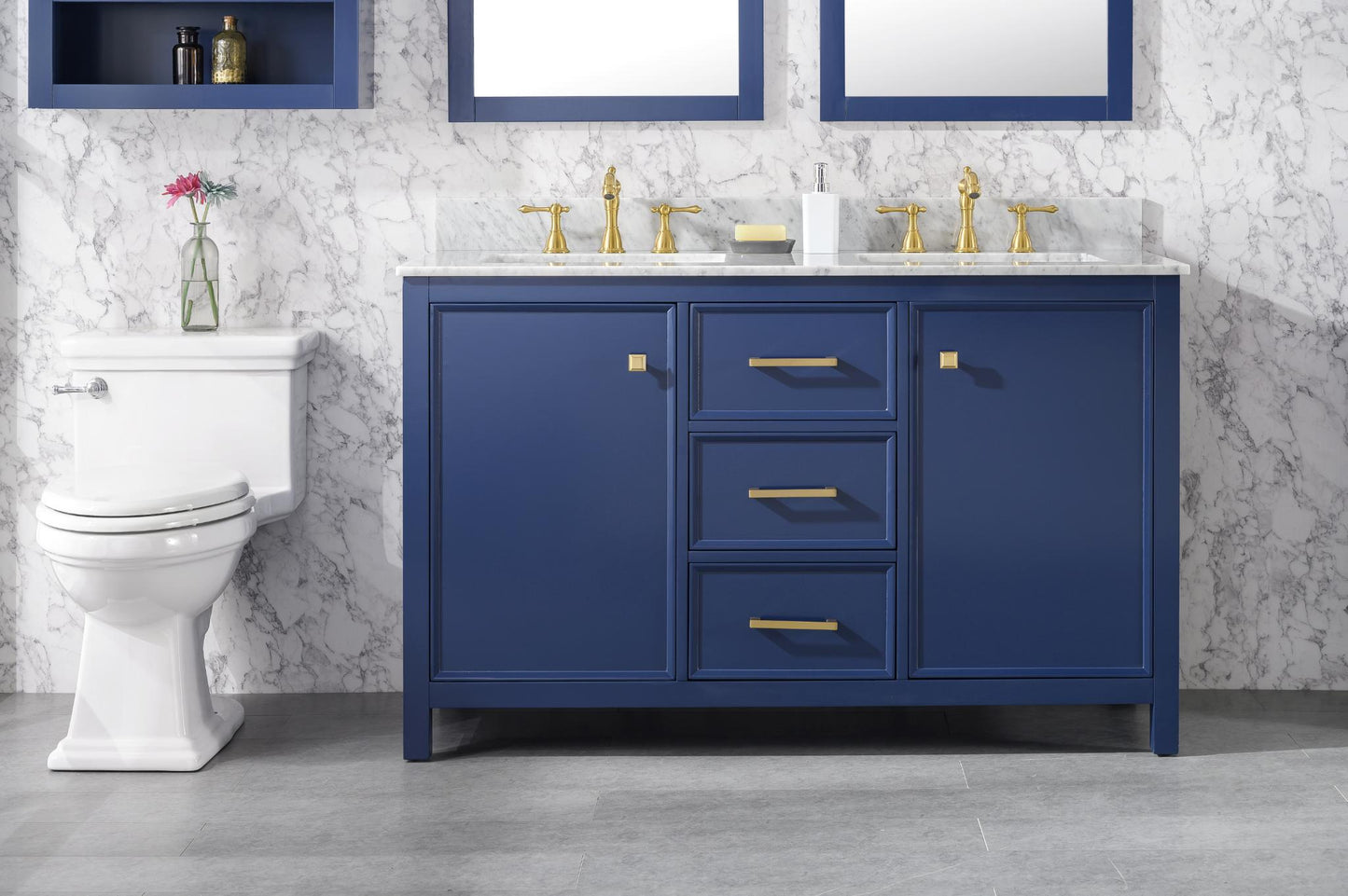 54" BLUE FINISH DOUBLE SINK VANITY CABINET WITH CARRARA WHITE TOP