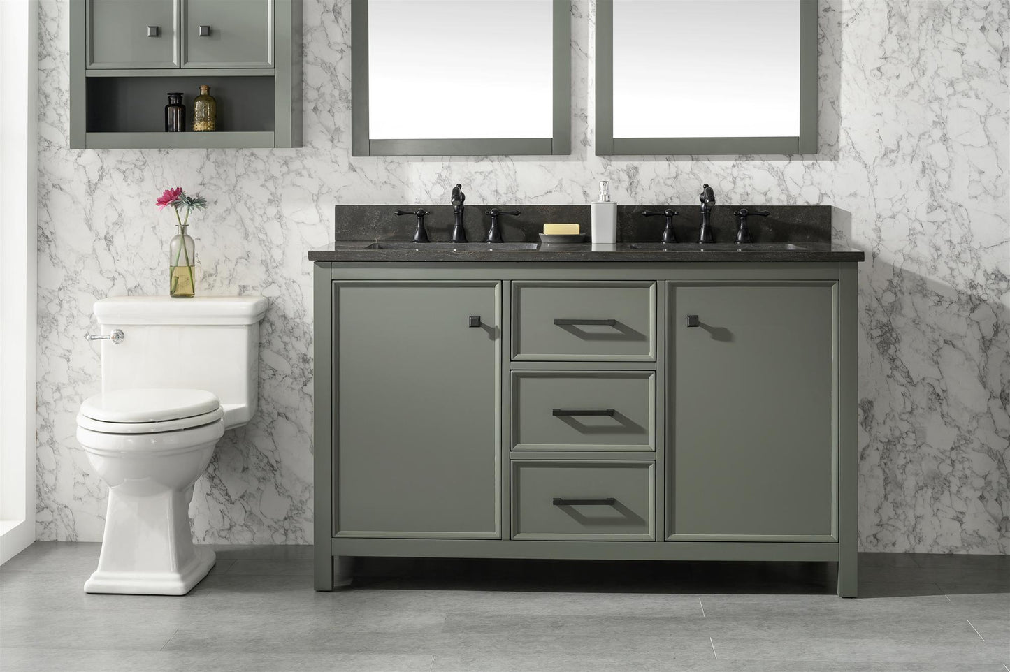 54" PEWTER GREEN FINISH DOUBLE SINK VANITY CABINET WITH BLUE LIME STONE TOP