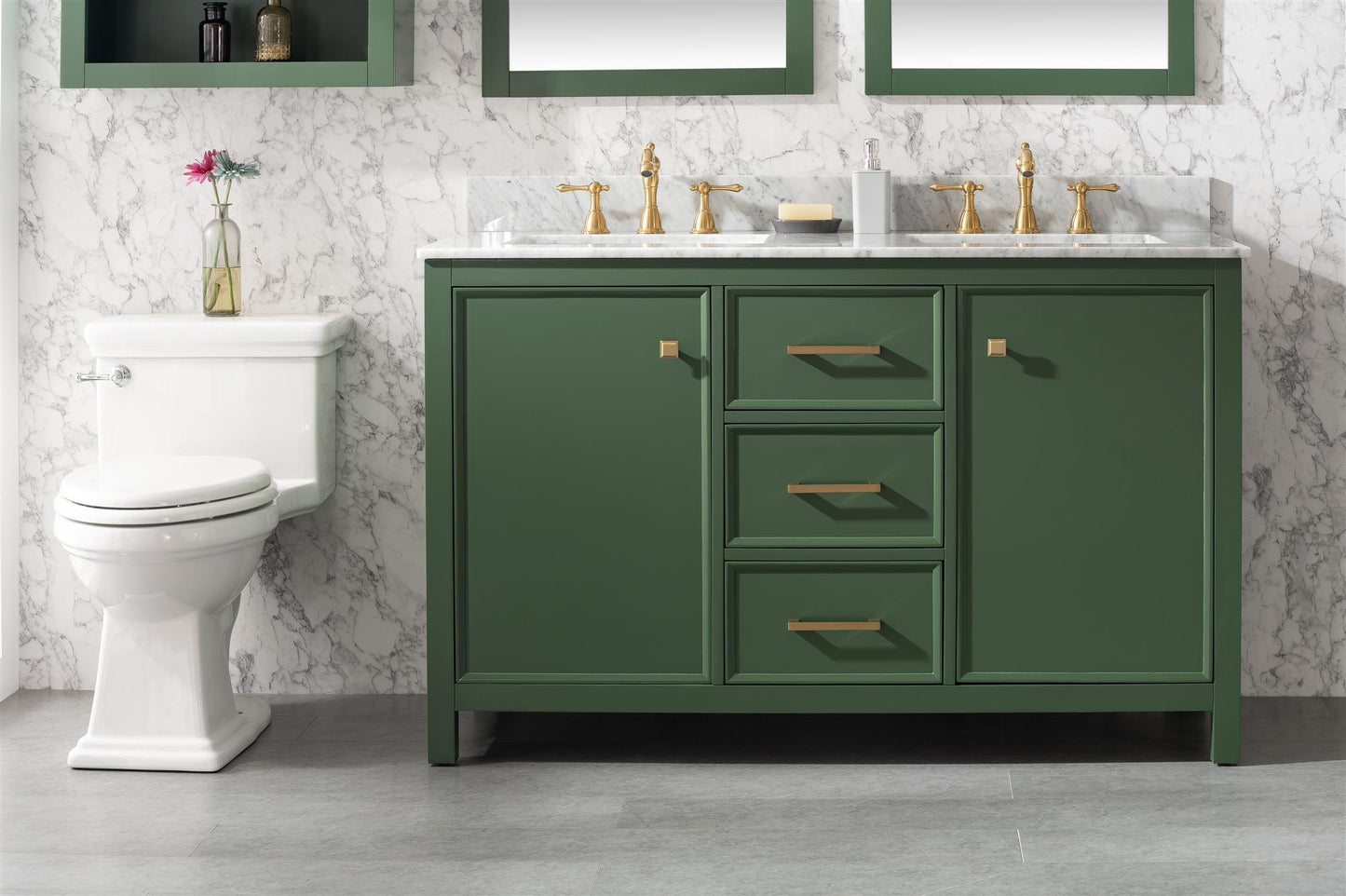 54" VOGUE GREEN FINISH DOUBLE SINK VANITY CABINET WITH CARRARA WHITE TOP