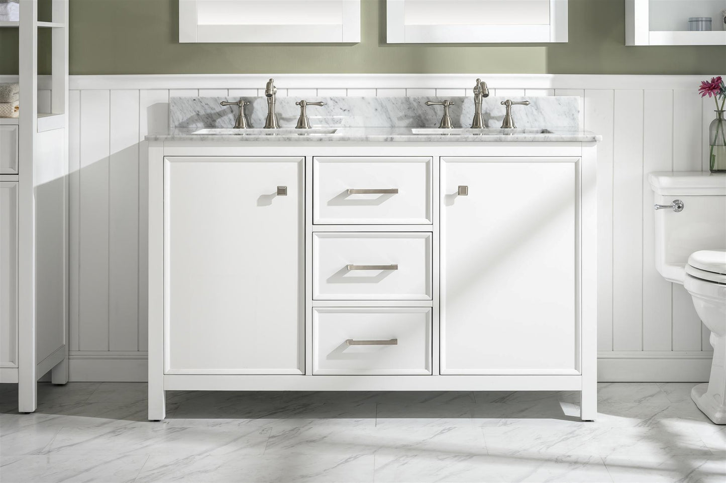 54" WHITE FINISH DOUBLE SINK VANITY CABINET WITH CARRARA WHITE TOP