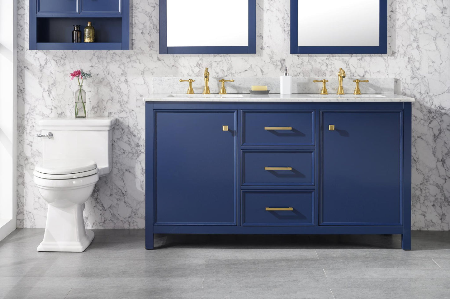 60" BLUE FINISH DOUBLE SINK VANITY CABINET WITH CARRARA WHITE TOP
