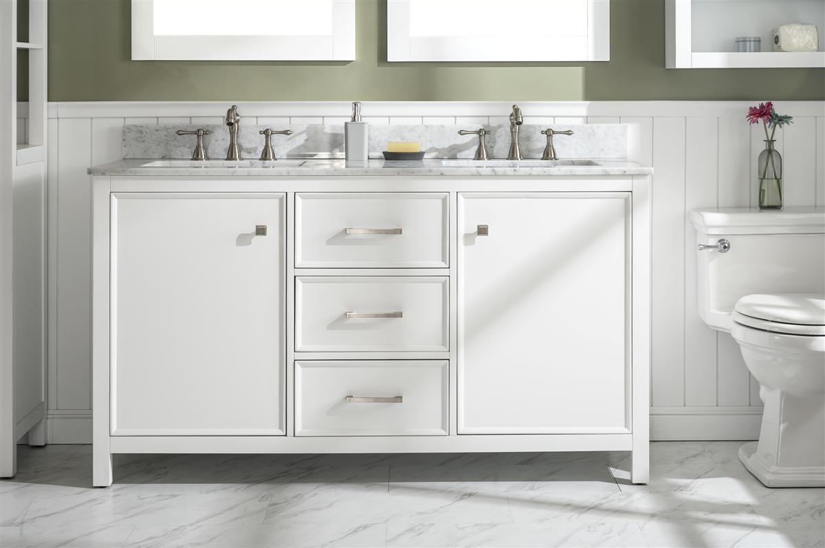 60" WHITE FINISH DOUBLE SINK VANITY CABINET WITH CARRARA WHITE TOP