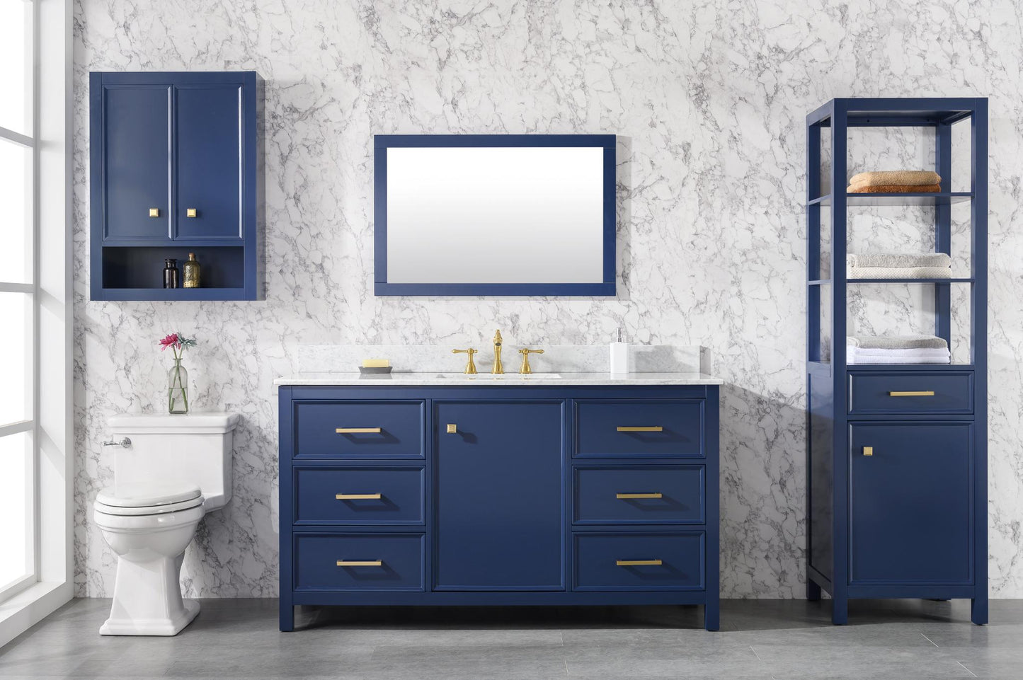 60" BLUE FINISH SINGLE SINK VANITY CABINET WITH CARRARA WHITE TOP