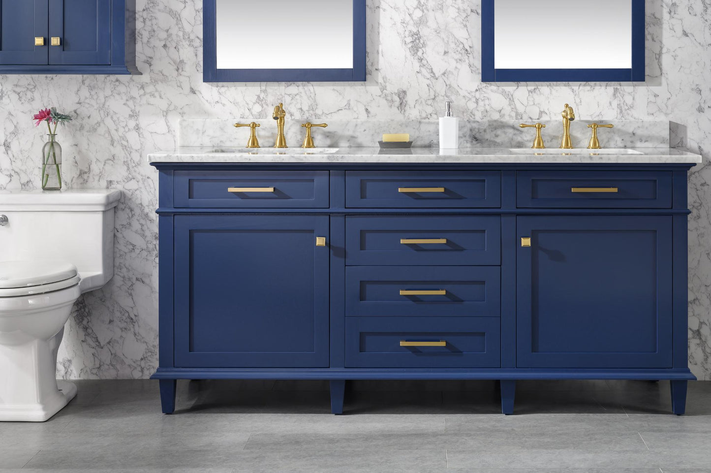 72" BLUE DOUBLE SINGLE SINK VANITY CABINET WITH CARRARA WHITE TOP