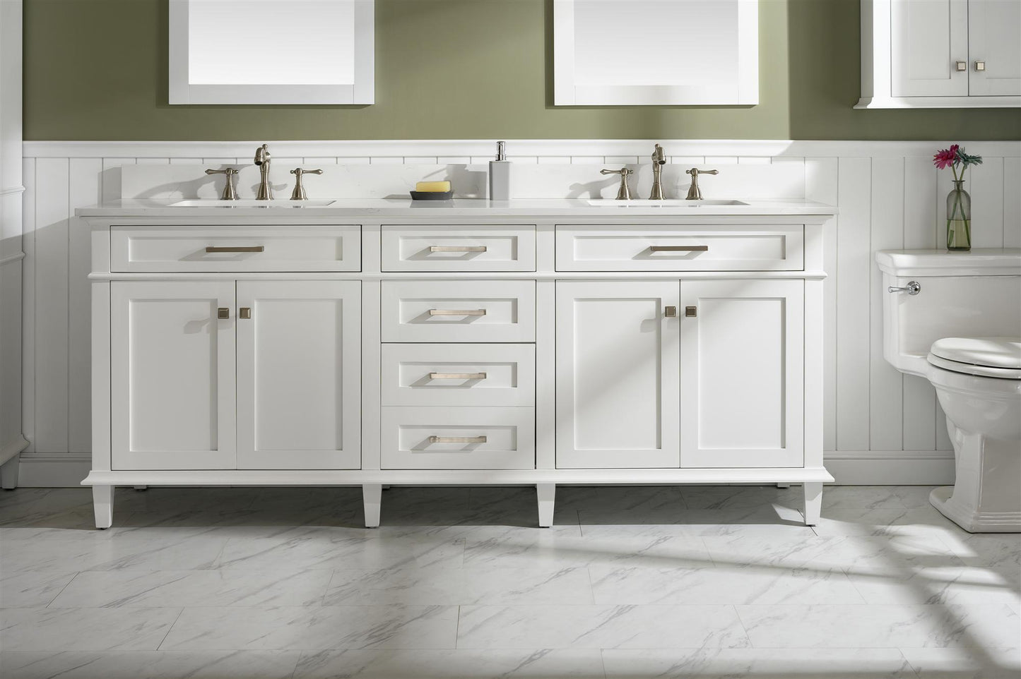 80" WHITE DOUBLE SINGLE SINK VANITY CABINET WITH CARRARA WHITE QUARTZ TOP WLF2280-CW-QZ