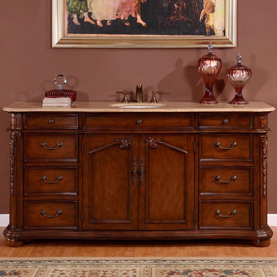 72" Single Sink Cabinet - Travertine Top, Undermount White Ceramic Sink (3-hole)