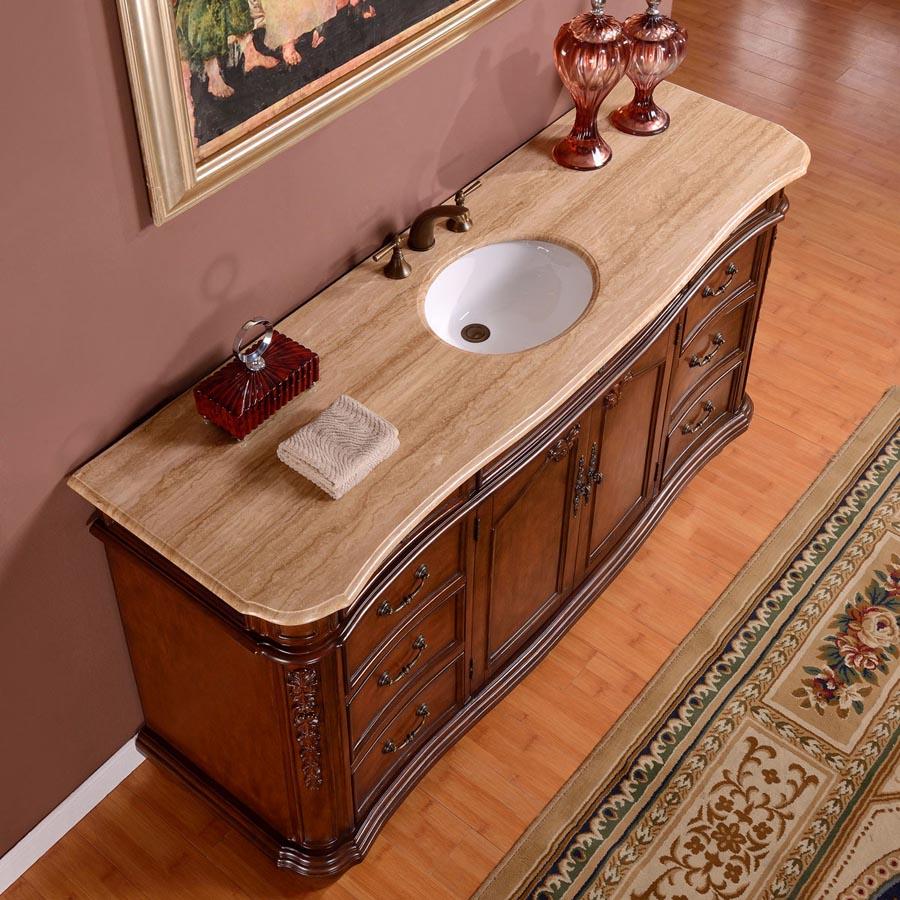 72" Single Sink Cabinet - Travertine Top, Undermount White Ceramic Sink (3-hole)