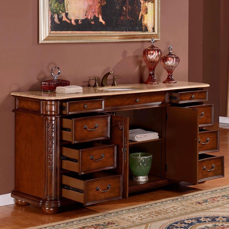 72" Single Sink Cabinet - Travertine Top, Undermount White Ceramic Sink (3-hole)