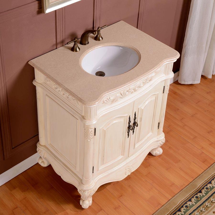 32" Single Sink Cabinet - Cream Marfil Marble Top, Undermount White Ceramic Sink (3-hole)