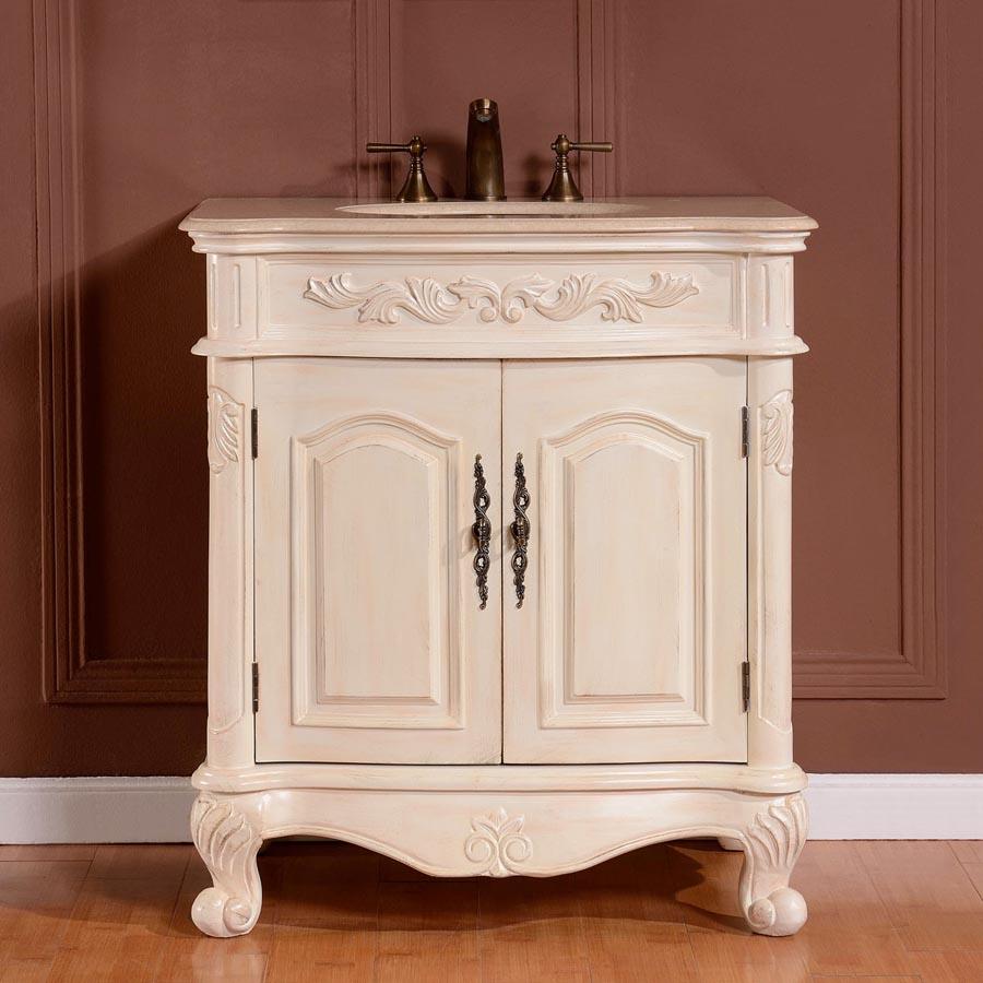 32" Single Sink Cabinet - Cream Marfil Marble Top, Undermount White Ceramic Sink (3-hole)