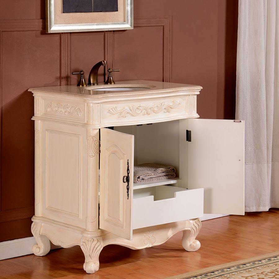 32" Single Sink Cabinet - Cream Marfil Marble Top, Undermount White Ceramic Sink (3-hole)