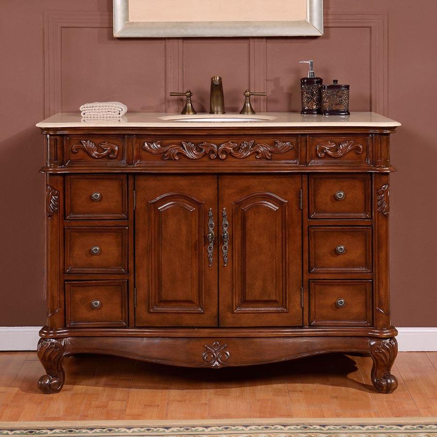 48" Single Sink Cabinet - Cream Marfil Marble Top, Undermount White Ceramic Sink (3-hole)