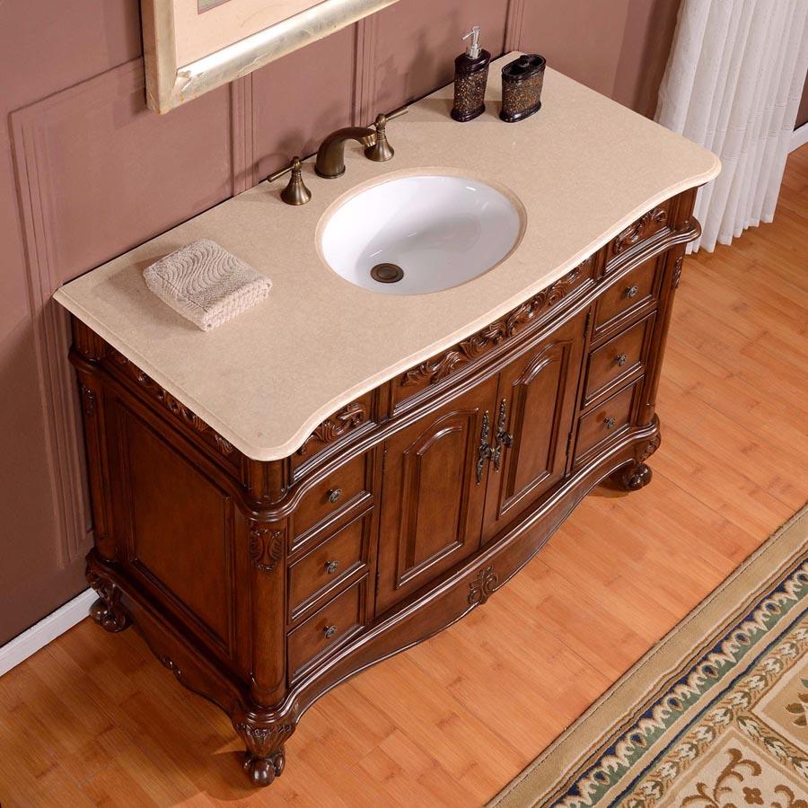 48" Single Sink Cabinet - Cream Marfil Marble Top, Undermount White Ceramic Sink (3-hole)