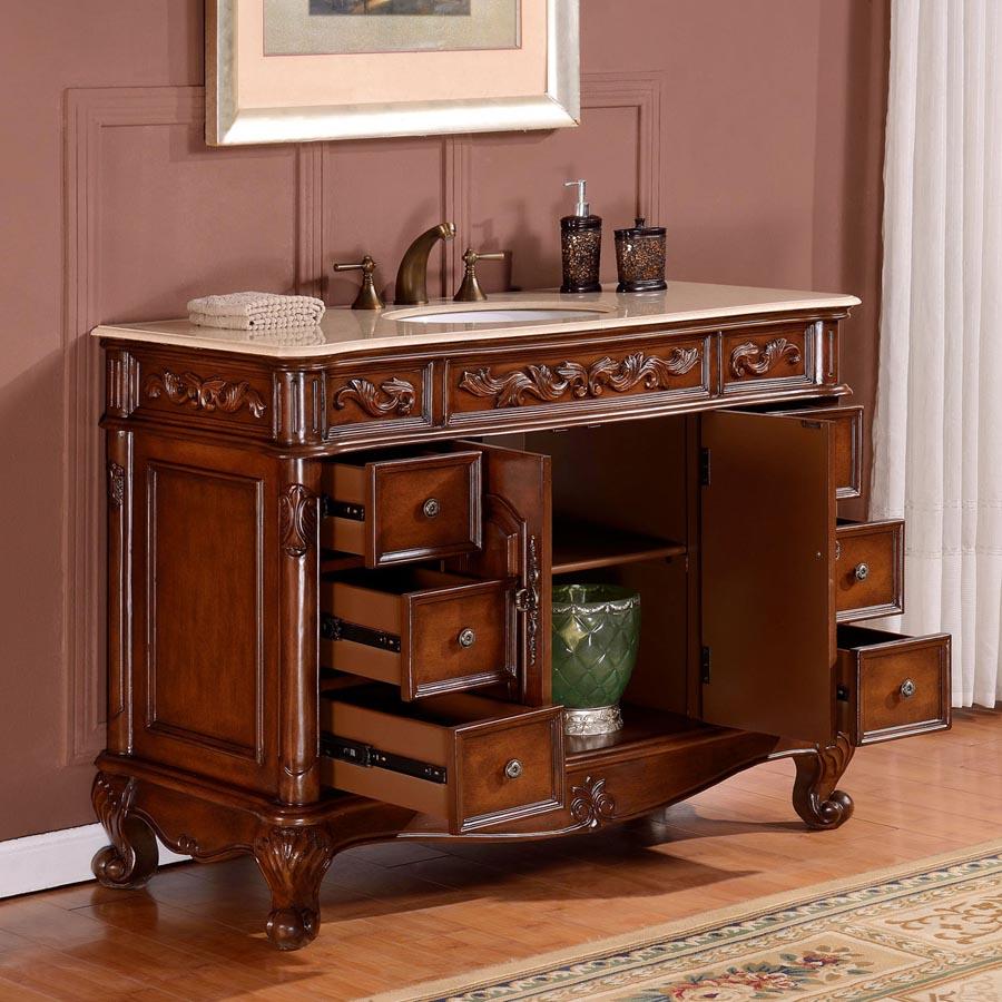 48" Single Sink Cabinet - Cream Marfil Marble Top, Undermount White Ceramic Sink (3-hole)