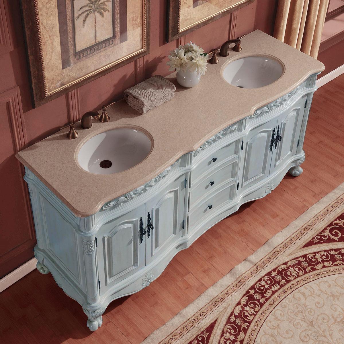 72" Double Sink Cabinet - Cream Marfil Marble Top, Undermount White Ceramic Sink (3-hole)