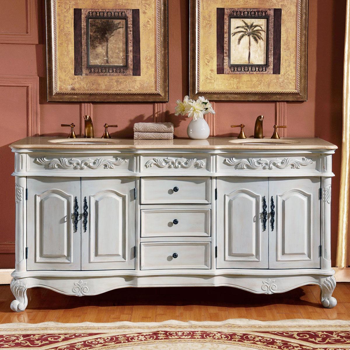 72" Double Sink Cabinet - Cream Marfil Marble Top, Undermount White Ceramic Sink (3-hole)