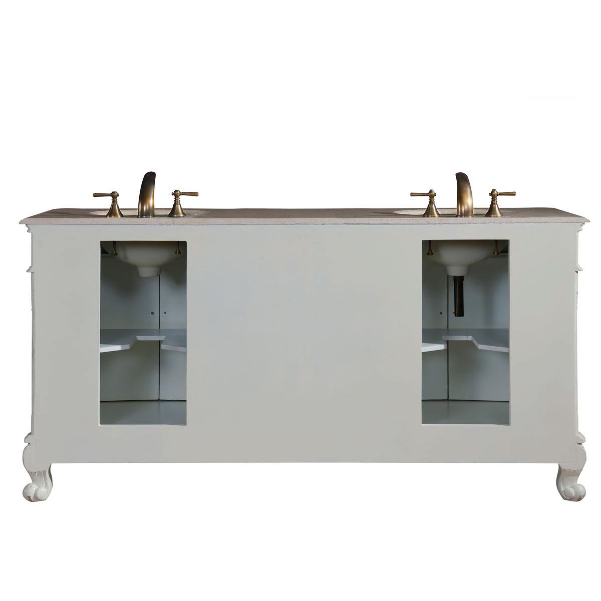 72" Double Sink Cabinet - Cream Marfil Marble Top, Undermount White Ceramic Sink (3-hole)